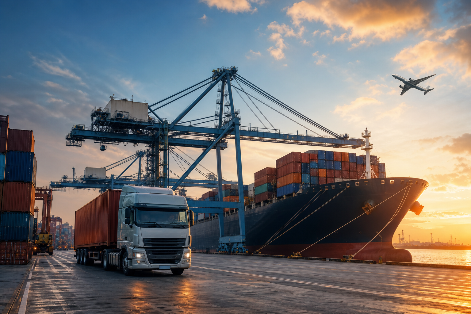 Ship, containers, truck, and aircraft representing global logistics