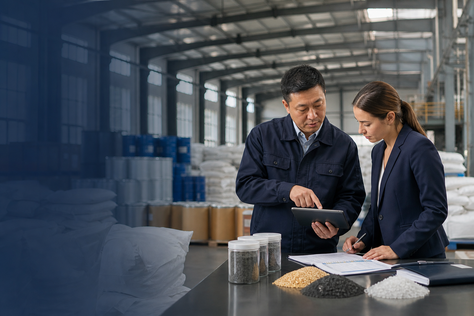 Buyer and manufacturer reviewing samples inside a factory